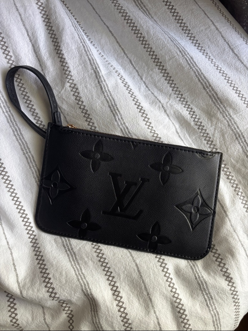 Louis Vuitton Black Embossed Monogram Wristlet Pouch with Strap